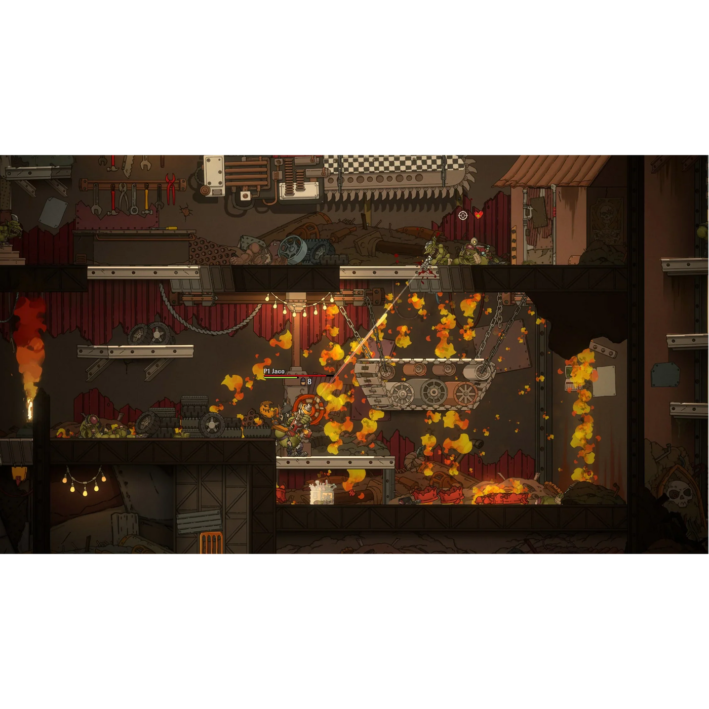 Top-down view of a chaotic scene with fiery explosions and mechanical elements in a dark room.