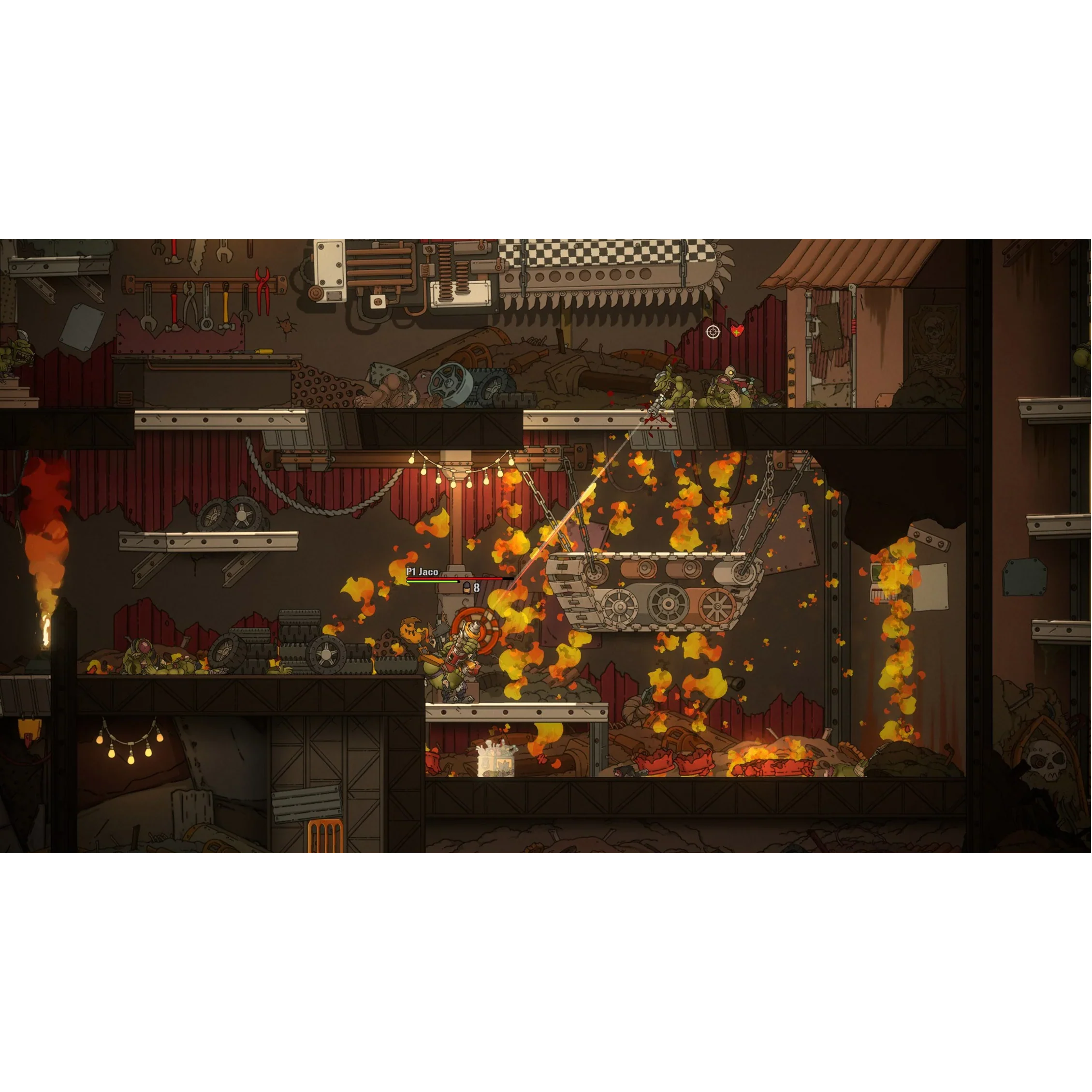 Top-down view of a chaotic scene with fiery explosions and mechanical elements in a dark room.