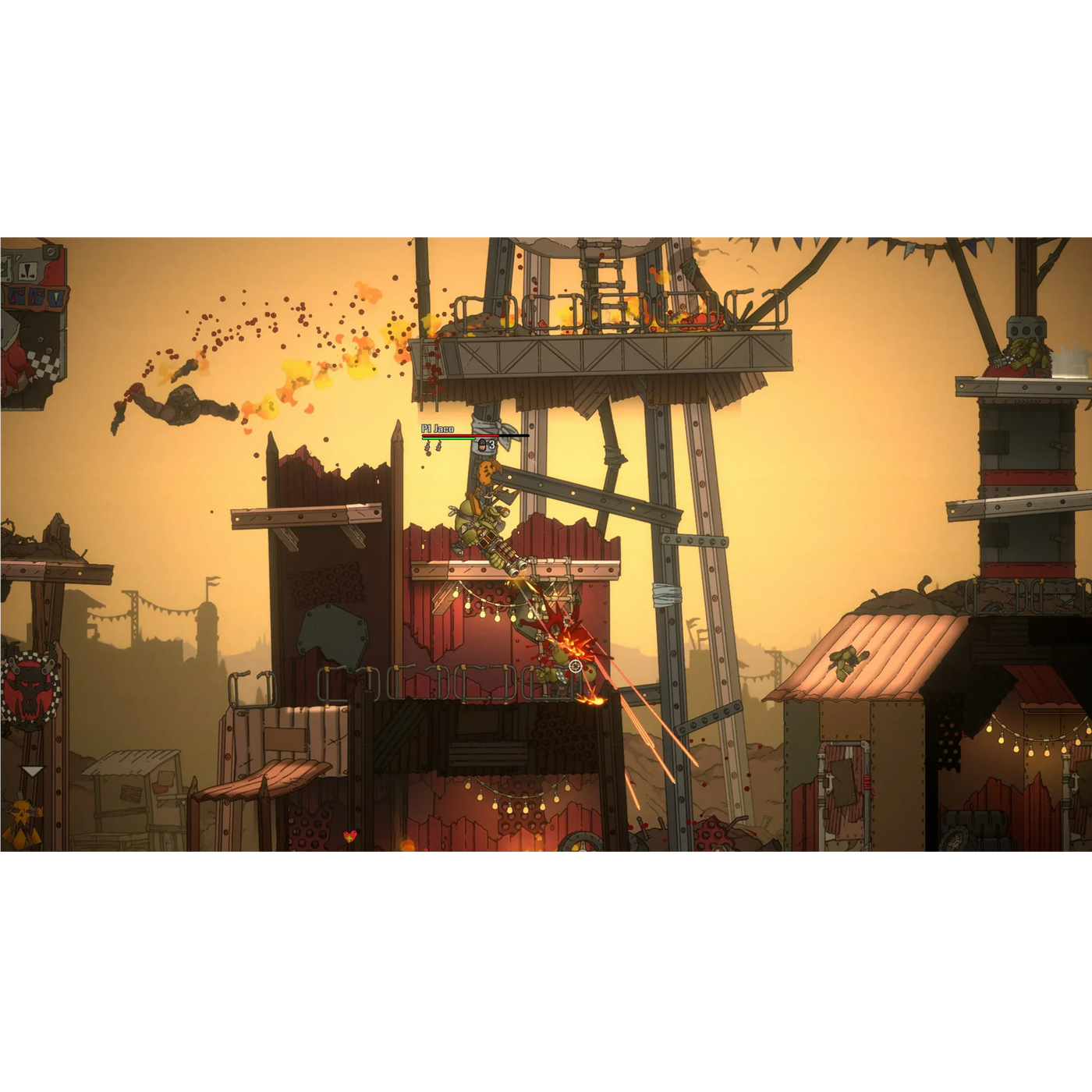 Cartoon-style cityscape with a tower and characters in an action pose against a sunset sky.