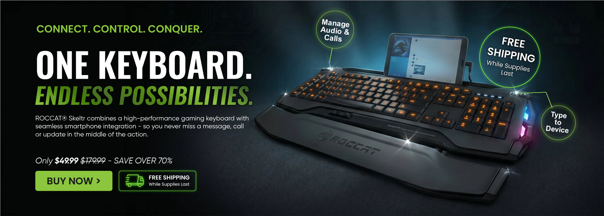 -FREE SHIPPING-  ROCCAT Skeltr Smart Communication RGB Gaming Keyboard