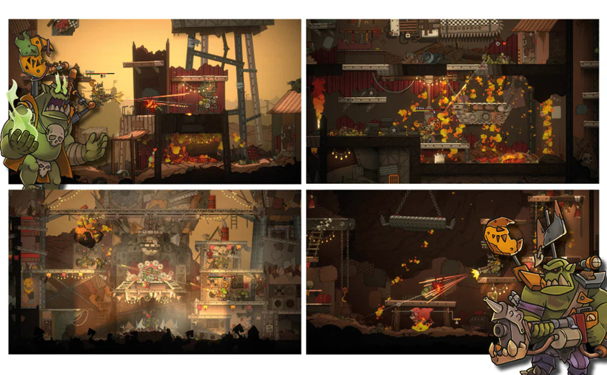 Collage of four video game screenshots showing a post-apocalyptic or dystopian setting with characters and environments.